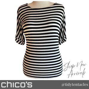 Chico's Travelers Black & White Striped Tunic Women’s Size 8/10